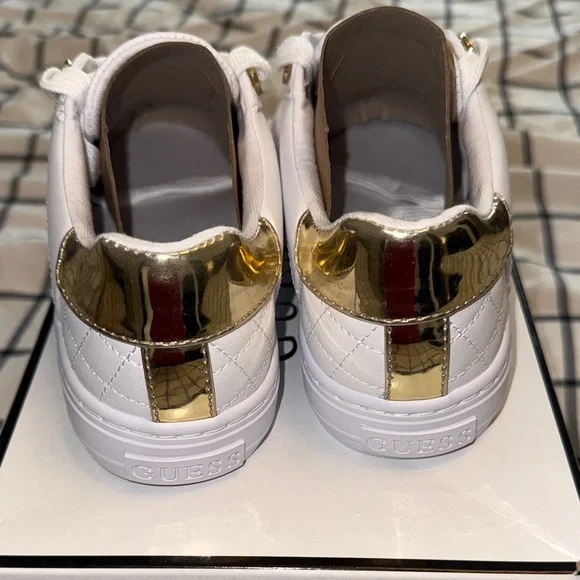 Guess Women's White and Gold Quilted Sneakers - Picture 3 of 9